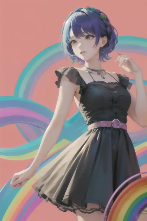 A woman with rainbow-color hair and a rainbow-color dress is standing in front of a colorful background