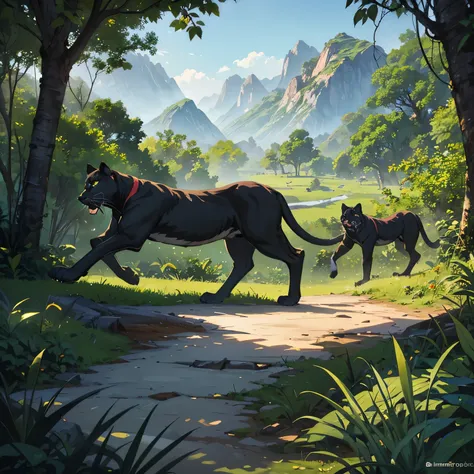 Jungle landscape with minimal fog, 3 detailed panthers in the background searching for a meal, very detailed, visible panther faces, bright colors, mountain range in background, trees with jungle fruit
