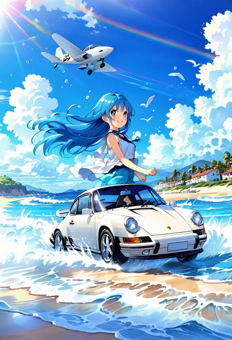 Driving a white Porsche along the beach、Blue long hair、Beautiful girl with twin tails、Splash art of water flying up、blue sky、White cloud、Bright smile、Seaside scenery