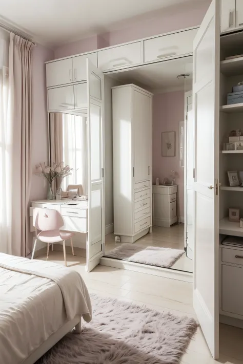 Make a small girl&#39;s room beautiful and organized, with a dressing table with mirror, and with several products on top. With a large wardrobe and mirror with a double bed and a TV on the wall in front of the bed. The bedroom wall must be white

### Room...