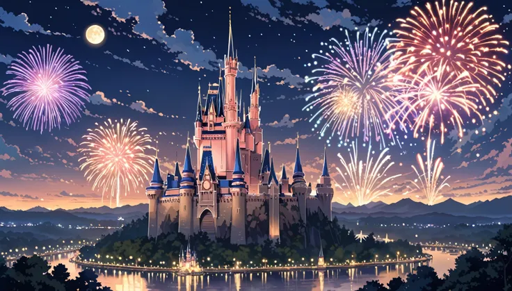 ((Anime: 1.4, Illustration)), (Masterpiece, Top Quality, Best Quality), (Ultra-Detailed, Absolutely Resolution), ((16k, HIGH RES)) (Cinderella Castle, Fireworks, Night View, Moon) ), ( Anime: 1.4, Illustration)), (Masterpiece, Top Quality, Best Quality), (...