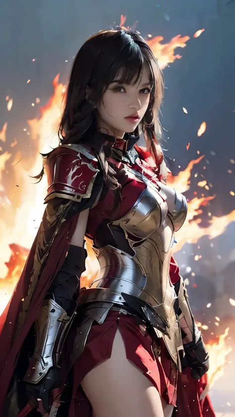 very beautiful woman、slender women、(detailed face)、realistic skin、((knight of fire)), (((red armor:1.25)))、((((black armor with ...