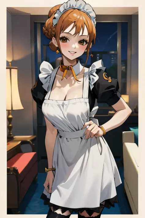 masterpiece, best quality, ultra-detailed, 1girl (namiop, Big and pretty breasts, jewelry, earrings, dog collar, orange hair, , single hair bun, brown eyes), smile, makeup, glow lips, facing viewer, looking at viewer, solo, maid(black), frill, apron, maid ...