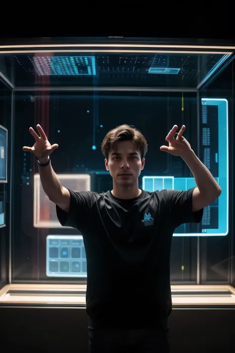 Creates an image of a man with his arms raised in front of a transparent holographic screen selecting a product from different companies or brands in boxes with very famous logos, like in the movie Minority Report.