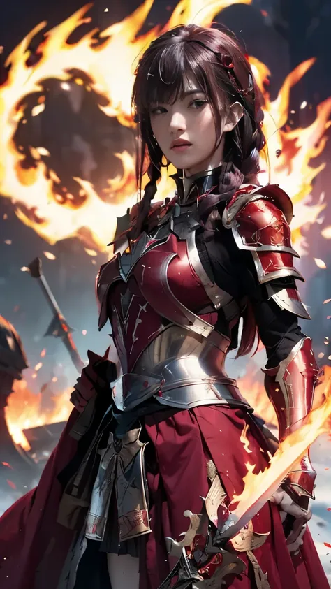 very beautiful woman、slender women、(detailed face)、realistic skin、((knight of fire)), (((red armor:1.25)))、((((black armor with ...