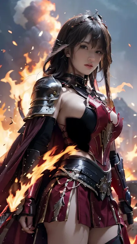 very beautiful woman、slender women、(detailed face)、realistic skin、((knight of fire)), (((red armor:1.25)))、((((black armor with ...