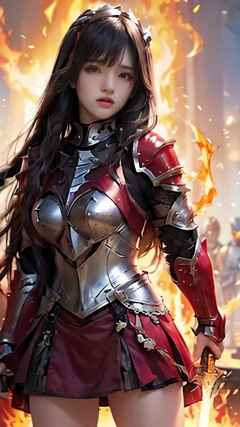 very beautiful woman、slender women、(detailed face)、realistic skin、((knight of fire)), (((red armor:1.25)))、((((black armor with ...