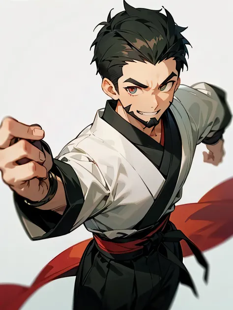 from above,looking at viewer,solo,dark skin,man,male eyes,male nose,male mouth,big forehead,(very short flipped black haircut),sidecut,backcut,beard:0.6,traditional Japanese summer half sleeves clothing,grin,fighting stance,simple white background