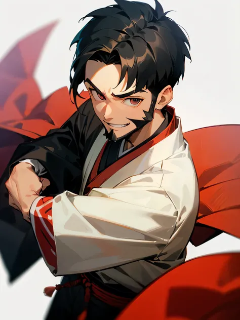 from above,looking at viewer,solo,dark skin,man,male eyes,male nose,male mouth,big forehead,(very short flipped black haircut),sidecut,backcut,beard:0.6,traditional Japanese summer half sleeves clothing,grin,fighting stance,simple white background