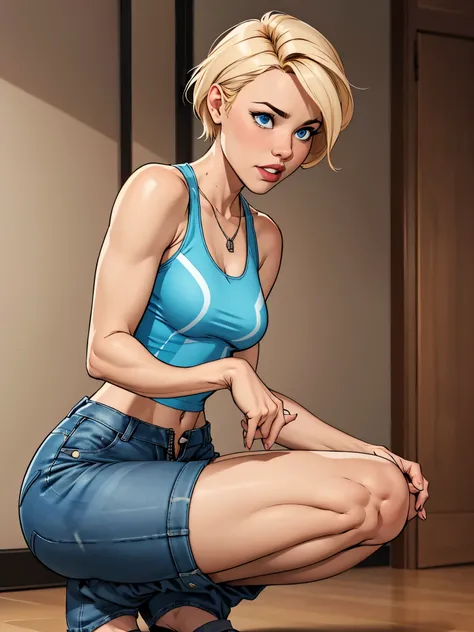 Young female, with blonde short hair, Blue eyes, wearing a tight blue tank top with a low neckline, wearing short,Squatting, tight denim shorts with the zipper open, Showing panties comic style
