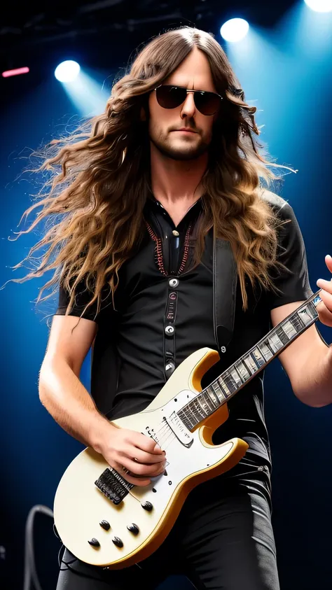 create a rock star playing eletric guitar on stage,long hair,realistic,8k, uhd,