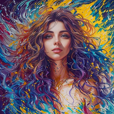 Colorful beautiful woman: a giru 20-years old, messy hair, oil painting, nice perfect face with soft skinice perfect face, blue yellow colors, light purple and violet additions, light red additions, intricate detail, splash screen, (nipples) 8k resolution,...