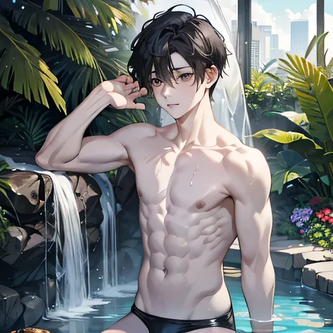 a young boy, black hair, gray eyes, shirtless, pale skin, ((bare stomach and arms)),((wet)),at the poolside 