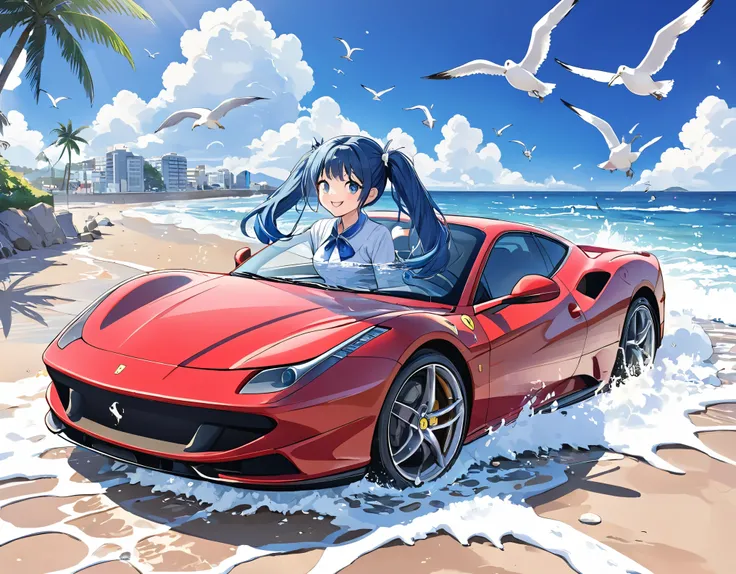 Drive along the beach in a Ferrari、Blue long hair、Beautiful girl with twin tails、Bigger in the center、Splash art that makes you feel the wind、Splash、blue sky、White cloud、Bright smile、Seagulls are flying