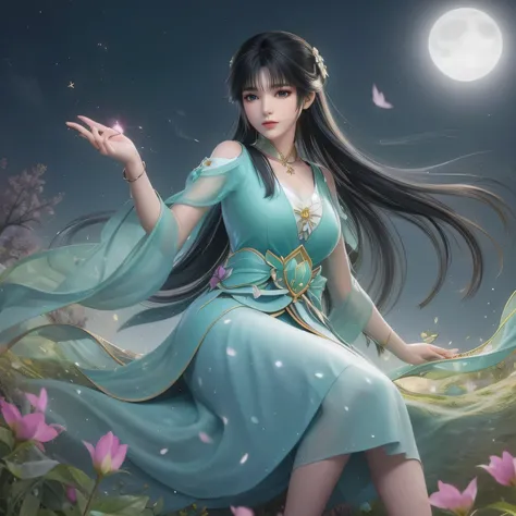 One girl, Girl with long black hair, smile, Hilarious, The girl is sitting in a large flower field and waving her hand, surrounded by beautiful flowers, Calm and peaceful atmosphere, night, Long black hair fluttering in the wind、star々is flashing、moonlight ...