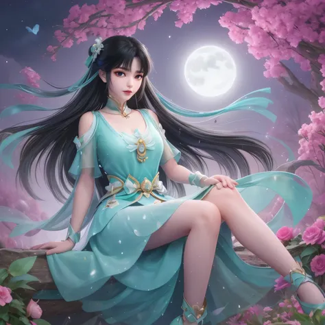 One girl, Girl with long black hair, smile, Hilarious, The girl is sitting in a large flower field and waving her hand, surrounded by beautiful flowers, Calm and peaceful atmosphere, night, Long black hair fluttering in the wind、star々is flashing、moonlight ...