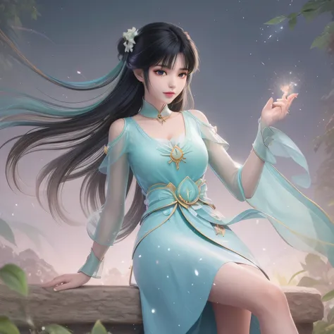 One girl, Girl with long black hair, smile, Hilarious, The girl is sitting in a large flower field and waving her hand, surrounded by beautiful flowers, Calm and peaceful atmosphere, night, Long black hair fluttering in the wind、star々is flashing、moonlight ...