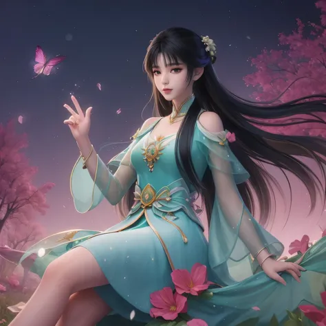 One girl, Girl with long black hair, smile, Hilarious, The girl is sitting in a large flower field and waving her hand, surrounded by beautiful flowers, Calm and peaceful atmosphere, night, Long black hair fluttering in the wind、star々is flashing、moonlight ...