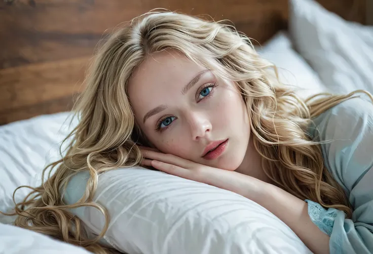 blonde girl, alone, (25 years old:1.3), beautiful lady, (Blonde extra long wavy hair:1.3), Detailed face:1.2), ((Detailed face features:1.3)), Delicate skin, pale skin, ((portrait:1.3)), wrapped in a paper, Bedroom environment, (Lying in bed:1.3), (Cool co...