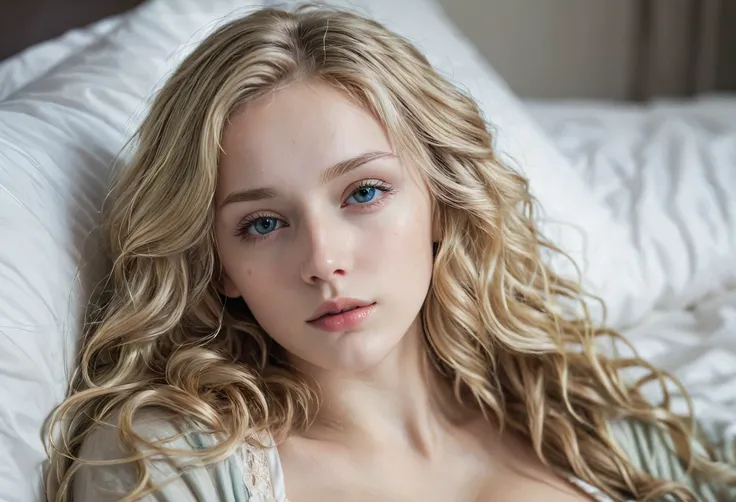 blonde girl, alone, (25 years old:1.3), beautiful lady, (Blonde extra long wavy hair:1.3), Detailed face:1.2), ((Detailed face features:1.3)), Delicate skin, pale skin, ((portrait:1.3)), wrapped in a paper, Bedroom environment, (Lying in bed:1.3), (Cool co...