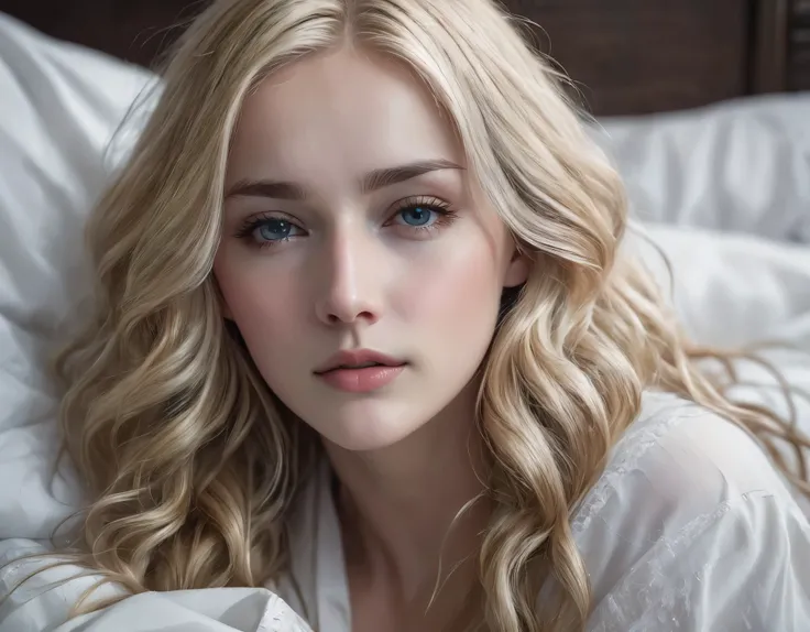 blonde girl, alone, (25 years old:1.3), beautiful woman, (Blonde extra long wavy hair:1.3), Detailed face:1.2), ((Detailed face features:1.3)), Delicate skin, perfect skin, ((portrait:1.3)), wrapped in a paper, Bedroom environment, (Lying in bed:1.3), (Coo...