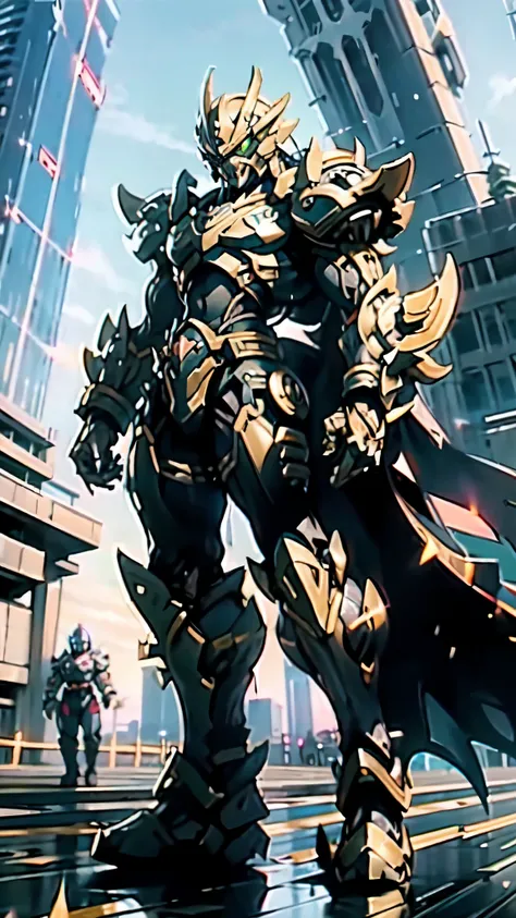 (masterpiece:1.5, best quality:1.5, extremely delicate:1.5, perspective:1.5, foreshortening:1.5, dynamic angle:1.5), a man wearing a full-face helmet, a fantasy-style biotech armored combat suit, green eyes, (a composite layered chest armor), fully enclose...