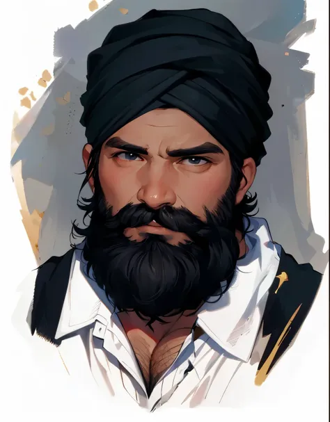 masterpiece, best quality, ultra-detailed, 1man, mature male, rugged man, strong, hunk, turban, blue turban, dark blue turban, b...