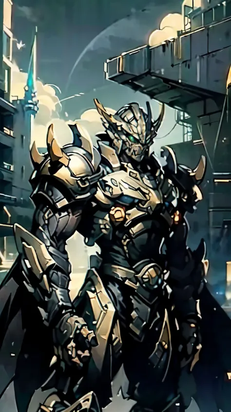 (masterpiece:1.5, best quality:1.5, extremely delicate:1.5, perspective:1.5, foreshortening:1.5, dynamic angle:1.5), a man wearing a full-face helmet, a fantasy-style biotech armored combat suit, green eyes, (a composite layered chest armor), fully enclose...