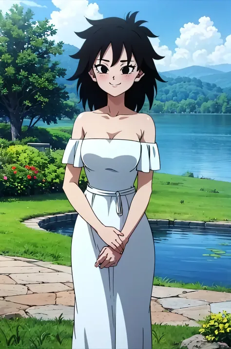 anime screencap, masterpiece, best quality, highres, outdoors, small breasts, gine, spiky black hair, 1 girl, Solo, Black Eyes, Good hands are down, Smile, Blushing, Bare Neck, Bare Shoulders, strapless, White Ruffle Off-the-Shoulder maxi dress. Cowboy sho...