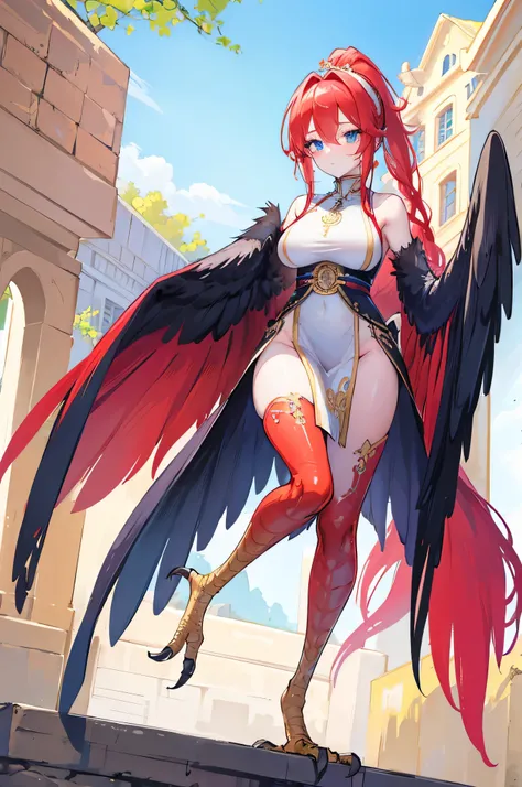 4K,High resolution,One Woman,Harpy,Red Hair,Long Ponytail,Braid,Blue Eyes,Big Breasts,White Wings,Golden toenails,Black Chinese dress,Sleeveless,hair band,Jewelry decoration,Medieval town