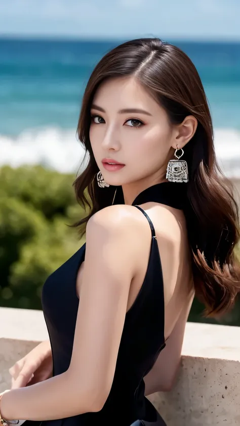 Highest quality,masterpiece,Ultra-high resolution,(Actual:1.4),Original photo,Ultra-high resolution，8K，There are women，Fair skin，Exquisite makeup，Big waves，Black Dress，High heels，Long legs，Bright and beautiful，Flashy makeup using red eyeshadow，big ring ear...