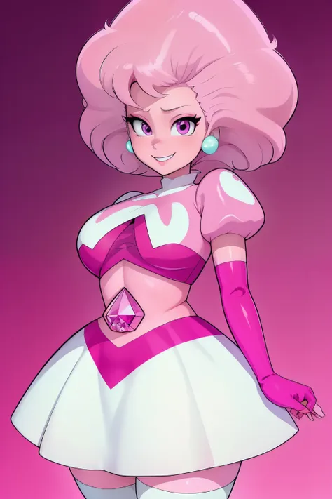 pnkdamond, pink hair, pink eyes,  big hair,  stomach gem,  pink skin,  toned, 
puffy short sleeves, elbow gloves ,  white thighh...