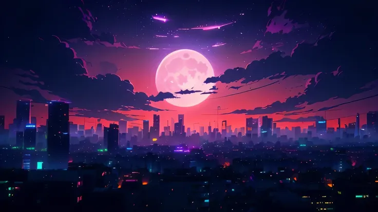 a brightly lit cityscape with a full moon in the sky, anime wallpaper 4k, synthwave city, futuristic cyberpunk tokyo night, anime style 4 k, night cyberpunk city, by Alena Aenami, night city in the background, view of picnic spot in foreground, stars