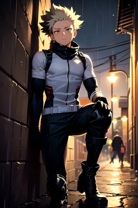 ((masterpiece,best quality, detailed)), 1boy lean, outdoors, alley, night, lamppost, fog, rain, two gloves, high collar, bodysuit, antihero, knee pads, black pants, boots, black faux hawk hair with touches of white on the tips, read-green eyes, my hero aca...