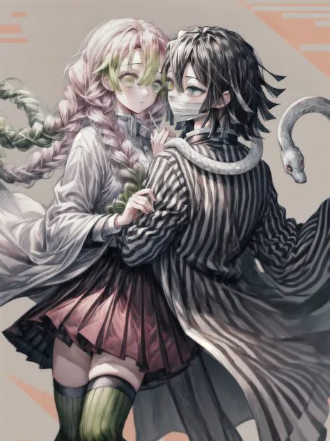 masterpiece, best quality, extremely detailed CG unity 8k wallpaper,1girl mitsuri, The illustration depicts two Demon Slayer: Kimetsu no Yaiba characters. 1girl A girl wearing a pleated skirt and a white haori over her . and 1boy obanai,  A boy wearing a u...