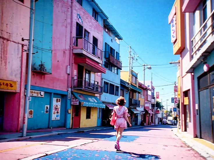 screencap from 80s movie, pink vivid Malibu paradise, multiple colors, view on foot, street view, designed by Hayao Miyazaki, retro anime