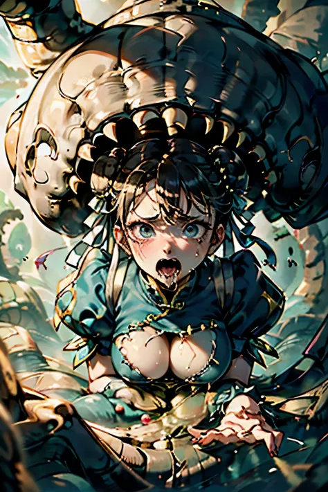 呑み込まれている、portrait shot,nsfw,masterpiece,best quality,chun-li,sf2 chun, mature, hair buns, covered buns, chinese dress, qipao, blue outfit, puffy sleeves, ((torn clothes:1.1)), (((tentacles,too many,too many tentacles,monster tentacle on worm mouth))),looki...