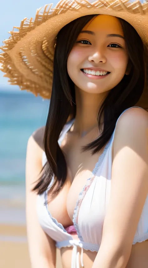 masterpiece,best quality,(Japanese ),((Beautiful girl)),cleavage,(perfect body beauty:1.2),(shy smile),beautiful teeth,(straw hat),(seaside),