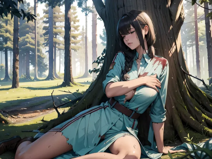 A young woman in torn prison uniform，Sit under a big tree and sleep，In the forest，There are stains on the body，Reveal most of the flesh，Scratches on the body，Blood，There are 2 soldiers in the distance