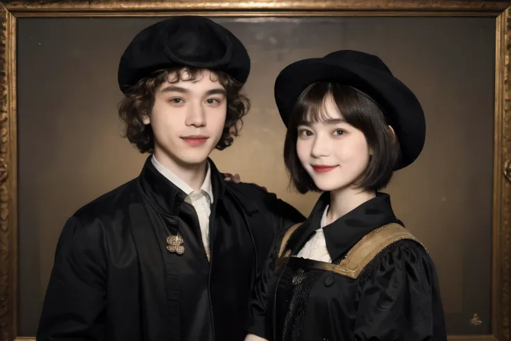 252 (An 18-year-old female and an 18-year-old male), (short hair),kind, lipstick, (Rembrandt-style painting), smile