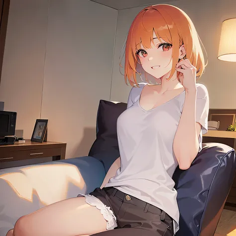 Upper Body, Realistic, real person, (pale skin: 1.2), RAW photo, photorealistic, shiny skin, shiny hair、(A 25-year-old woman with a bob cut and bangs) and (orange hair) and (Orange Eyes) , Wearing a white V-neck T-shirt ,blush,(grin,1.3), white teeth,The b...