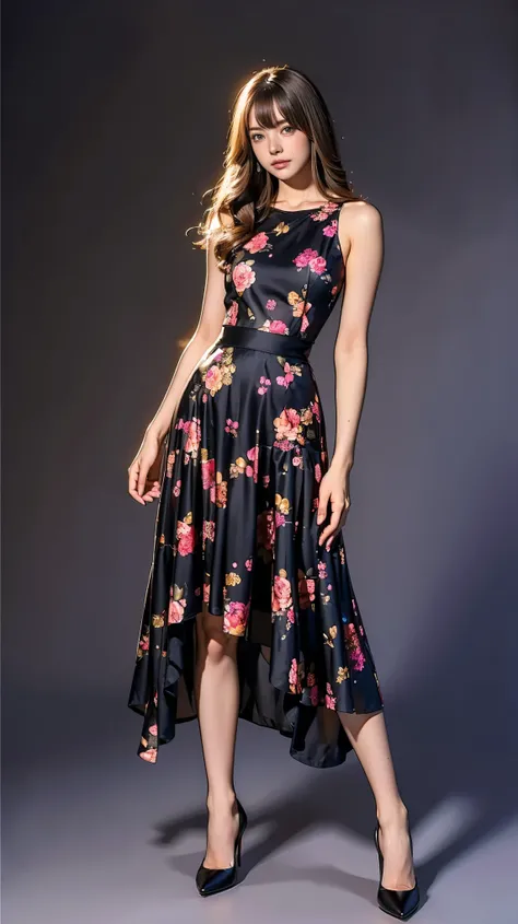 ((masterpiece)),(((Highest quality))),Thin thighs,Long legs,whole body:1.5，(One Girl:1.3),(Black pantyhose and thick pointy heels：1.3),(Wearing a floral long skirt dress:1.2),Short Blonde:1.2、Model pose，