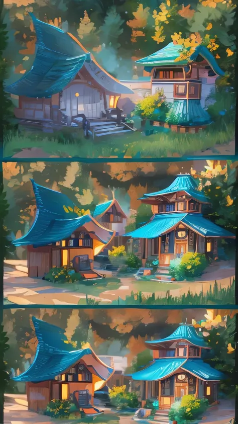 fantacy, green, blue, and orange color base, high fantacy settings, beautiful fantasy house in the valley