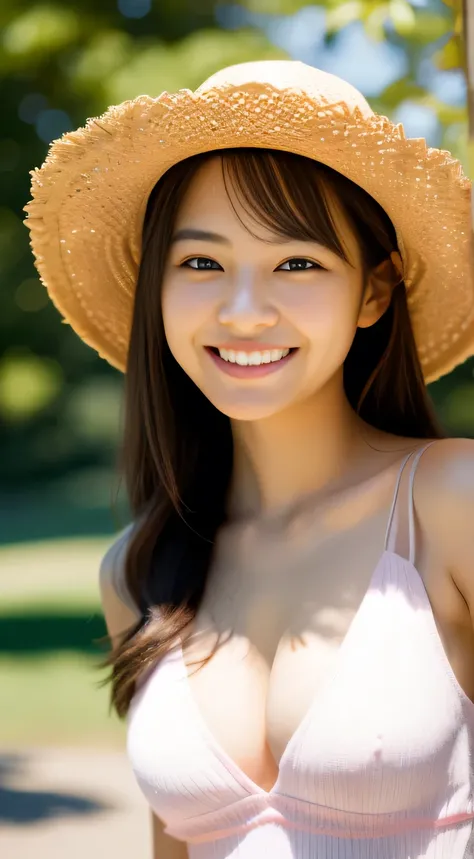 masterpiece,best quality,(Japanese ),((Beautiful girl)),cleavage,(perfect body beauty:1.2),(shy smile),beautiful teeth,(straw hat),(park),