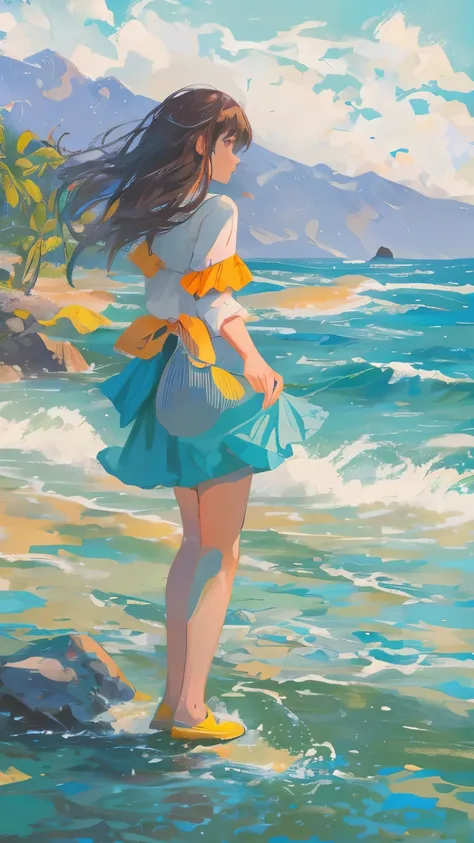 fantacy, green, blue, and orange color base, high fantacy settings, beach and ocean, girl wearing skirt and shirt, (painting).