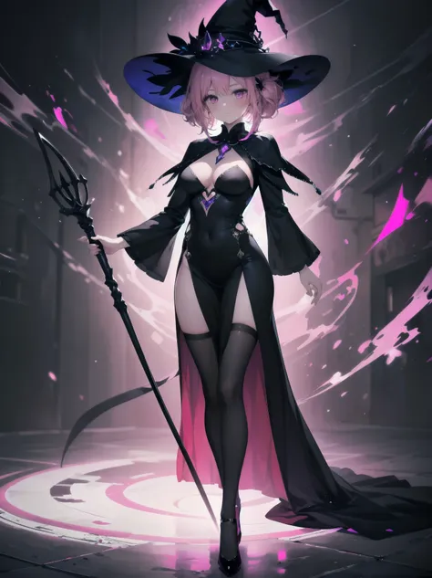 Masterpiece composition: A solo female figure, alone in the center of a high-contrast, cinematic frame. Pink-haired beauty stands out against a dark background, her magenta-hued long sleeve and dress radiating an otherworldly aura. The slit dress reveals a...