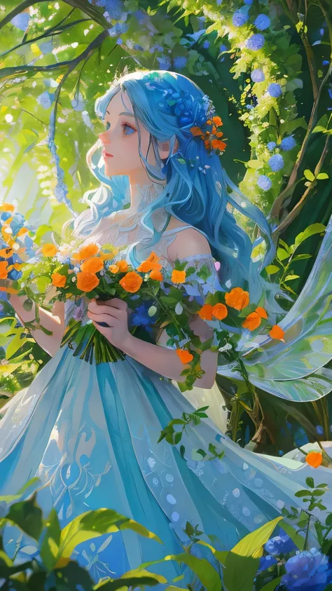 a fantastical fairy in a summer garden, detailed face, beautiful eyes and lips, long eyelashes, flowing hair, ethereal dress, su...