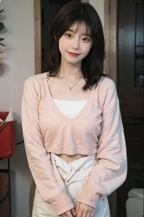 best quality， ultra high resolution， （realistically：1.4），cute hairpin，Baoyu Girl，1 girl,pink long sweater，pink long sweater ，Beautiful woman with slim figure:1.4, abdominal muscles:1.1, (a brown haired one, Medium chest:1.3), pink long sweater, bathroom,Su...