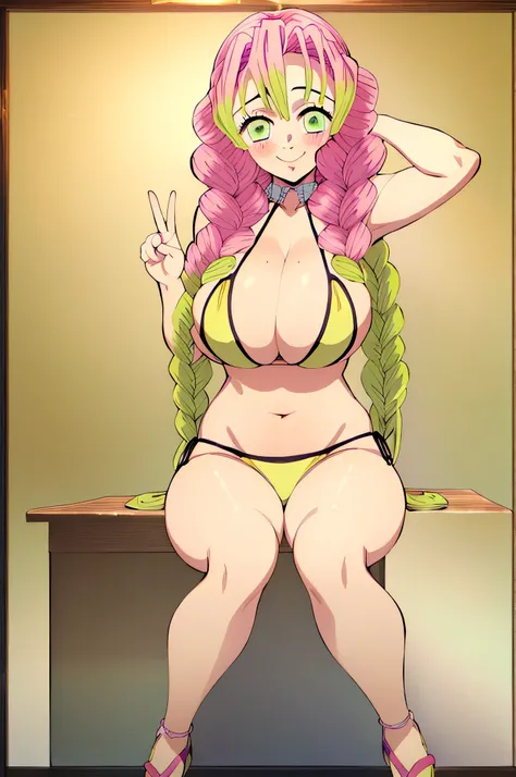 (masterpiece, best quality),  intricate details,
MitsuriKanroji, kanroji mitsuri, 1girl, solo, long hair, winking, green eyes, pink hair, green hair, twin braids, smile, cute smile, blushed smile, blush, blushing, large breast, huge breasts, bikini top, co...