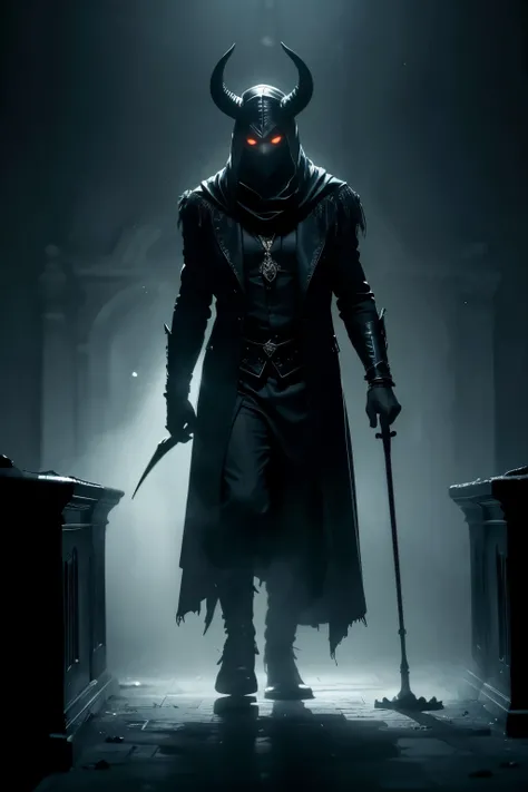 In the heart of an ancient, abandoned cathedral, a figure emerges from the shadows. This is no ordinary figure, for upon his head sits a menacing horn, a symbol of his dark and sinister nature. The satanic figure is illuminated by the faint glow of a singl...